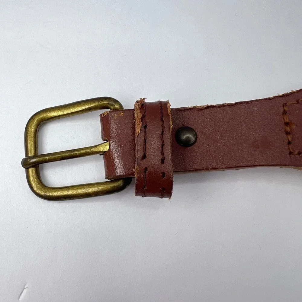 Vintage Gray Striped Webbing‎ Belt Unisex 38/39 Leather Trim Brass Buckle Preppy